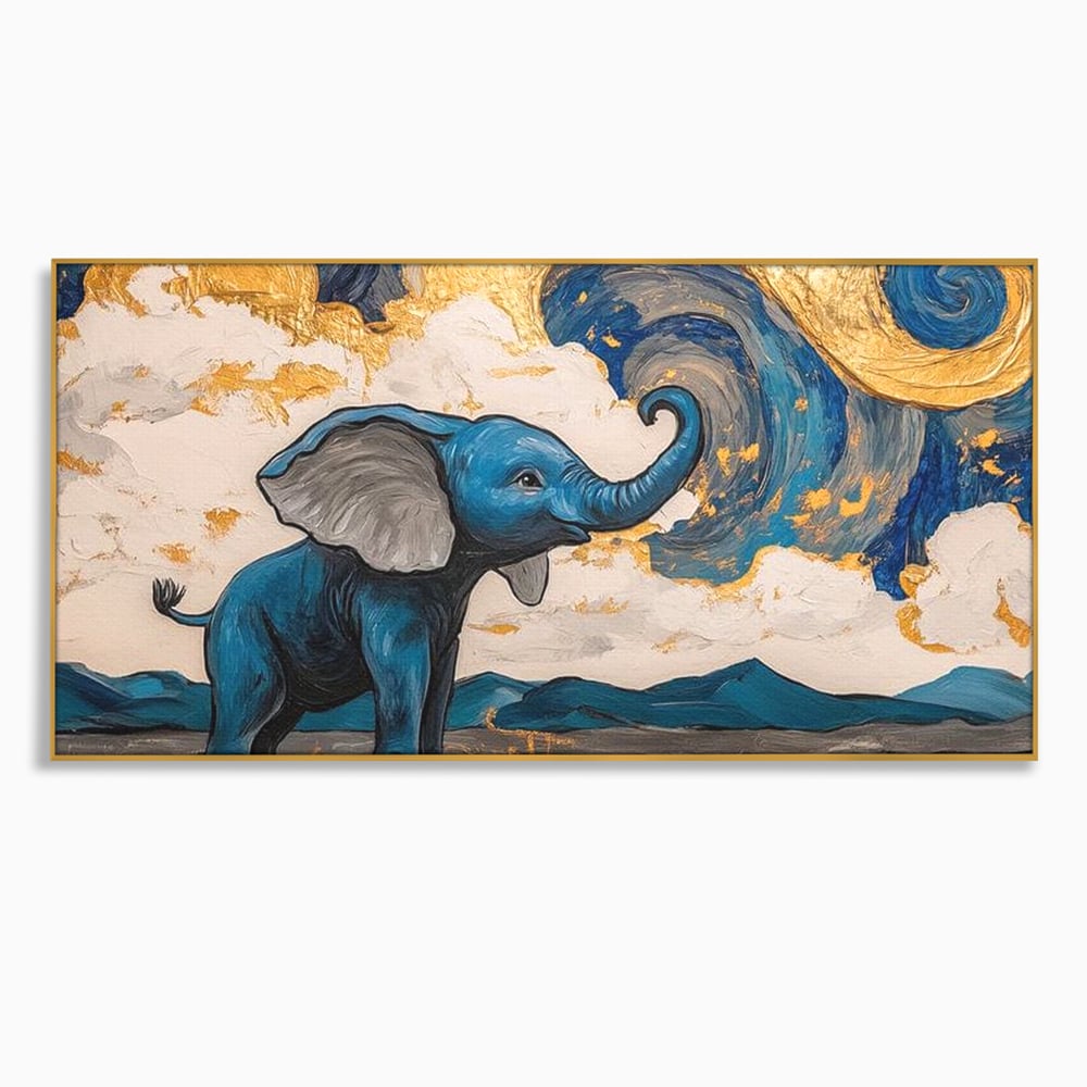 Tablou canvas cu tablou canvas cu elefant albastru, in rama de aluminiu auriu